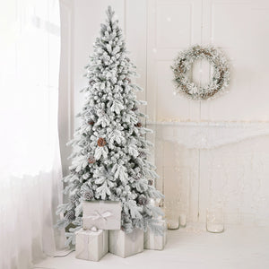 8 FT Flocked PE/PVC Christmas Tree with 44 Natural Pine Cones