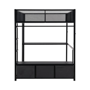Full Size Gaming Loft Bed With LED Desk, Open Wardrobe, 3 Linen Storage Drawers - Black