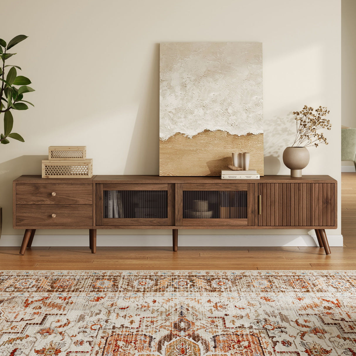 76" TV Stand, Entertainment Center With Storage Cabinets, TV Media Console Table For Living Room - Natural
