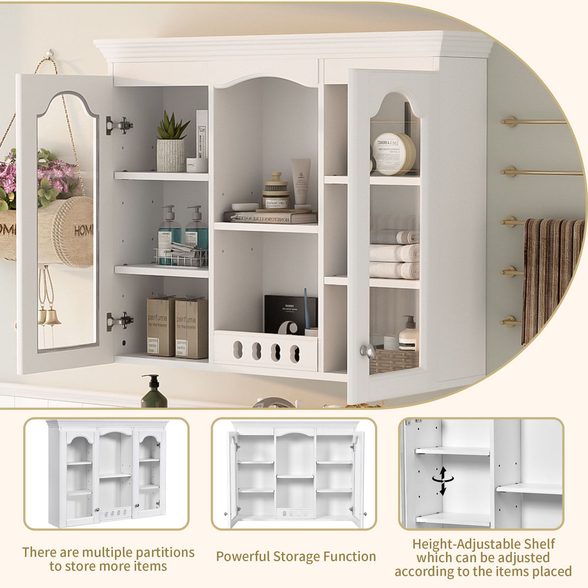 Wall-Mounted Medicine Cabinet With 2 Glass Doors, Adjustable Shelves - White