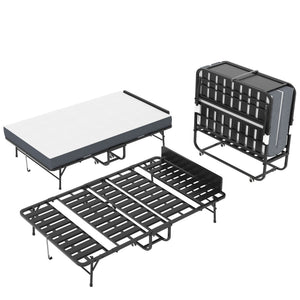 Twin Wide Folding Bed With Adjustable Headboard, Extra Long Rollaway For Tall People, Memory Foam Mattress - Black