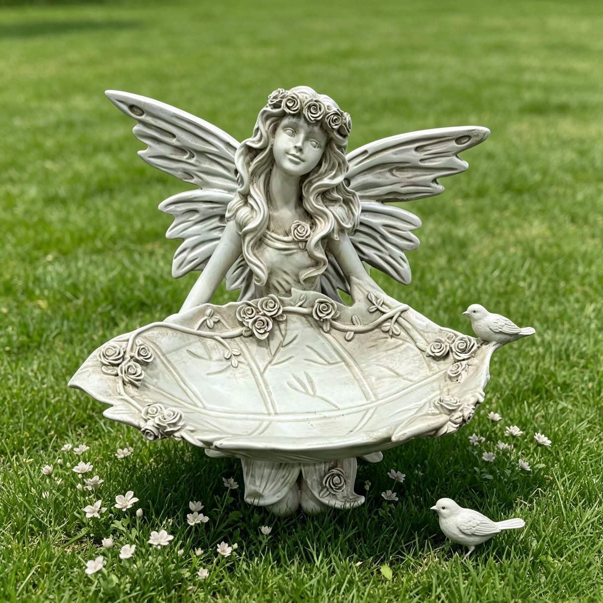 12.80" High Garden Fairy Figurine, 14.37" Wide Resin Angel Statue with Leaf Tray, Multi-Functional Bird Feeder & Decorative Tray for Outdoor & Indoor Use