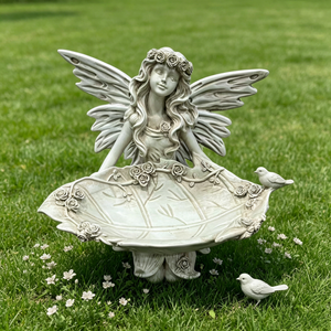 12.80" High Garden Fairy Figurine, 14.37" Wide Resin Angel Statue with Leaf Tray, Multi-Functional Bird Feeder & Decorative Tray for Outdoor & Indoor Use