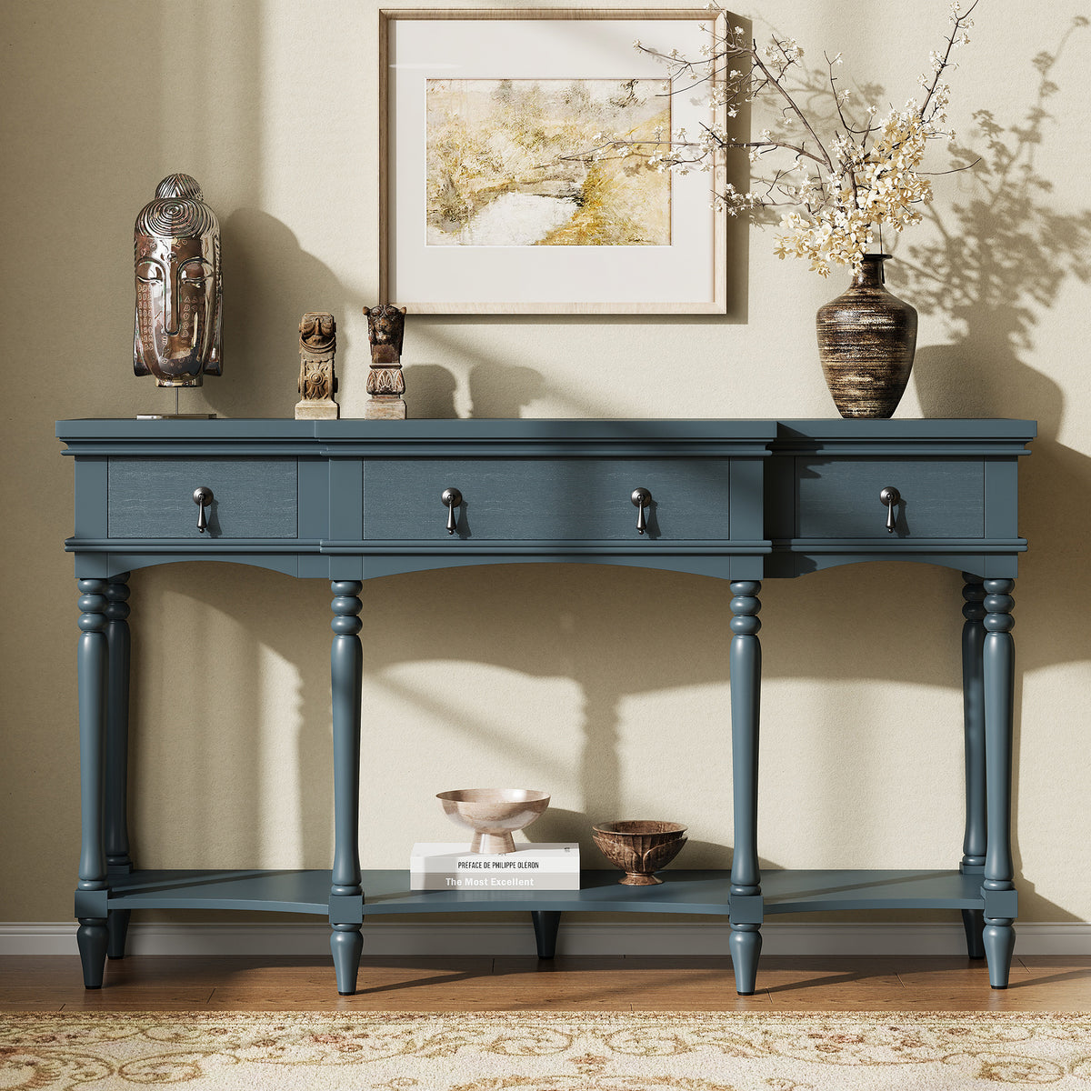 Traditional Retro Console Table with 3 Soft-Close Drawers & Bottom Shelf