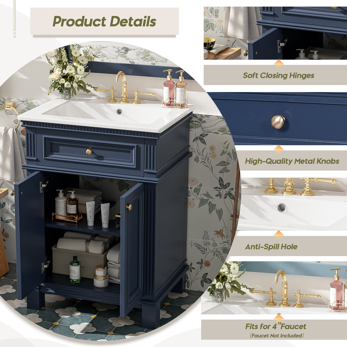 24'' Vintage Elegance Bathroom Cabinet with Ceramic Sink
