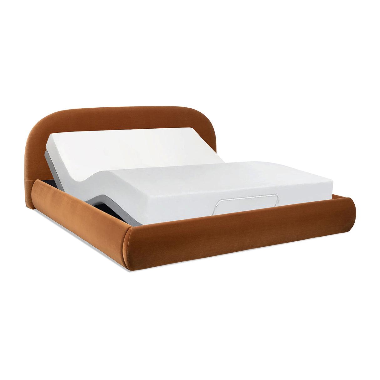 Archie Puffy Grounded Upholstered Platform Bed, King, Burnt