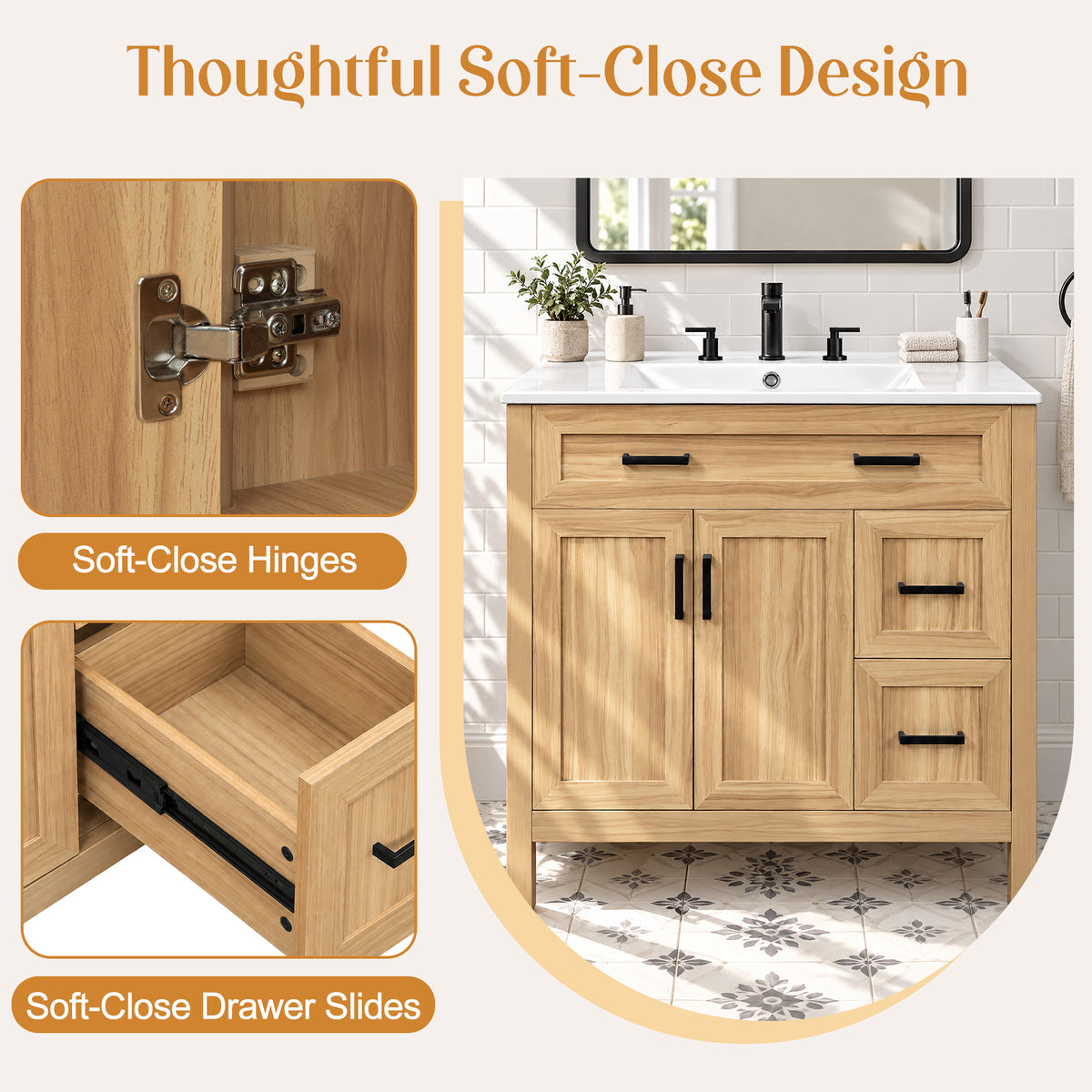36-Inch Bathroom Vanity with Ceramic Sink, Soft-Close Doors and Drawers