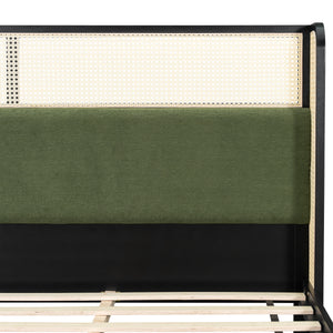 King Size Bed Frame with Black Frame and Green Upholstered Headboard