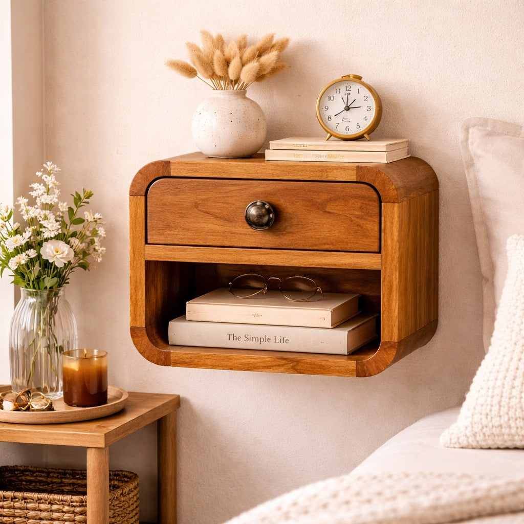 Solid Wood Curved Wall Mounted Bedside Table