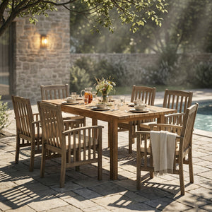 7 Pieces Acacia Wood Outdoor Dining Set with 6 Chairs and Large Table