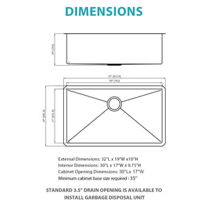 Finish Undermount Stainless Steel Kitchen Sink 32" X 19" 16 Gauge Deep Single Bowl