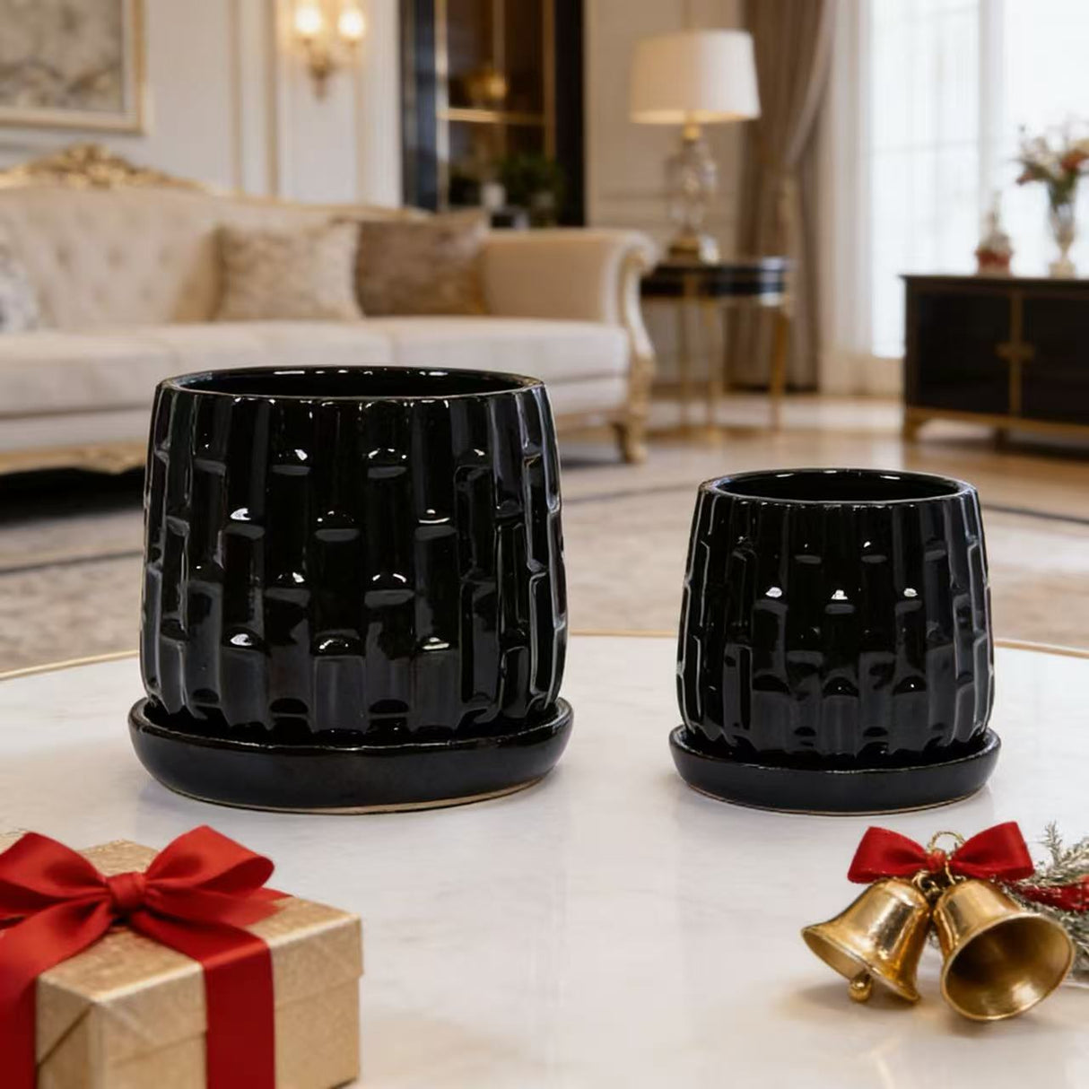 Handmade Ceramic Flower Pot with Groove Pattern