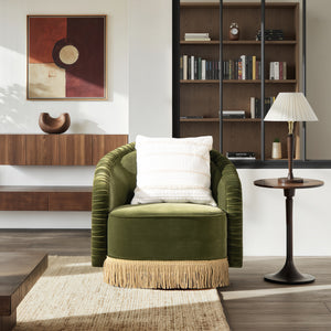 Serena 31.5" Ruched Barrel Back Accent Arm Chair with Bullion Fringe, Olive
