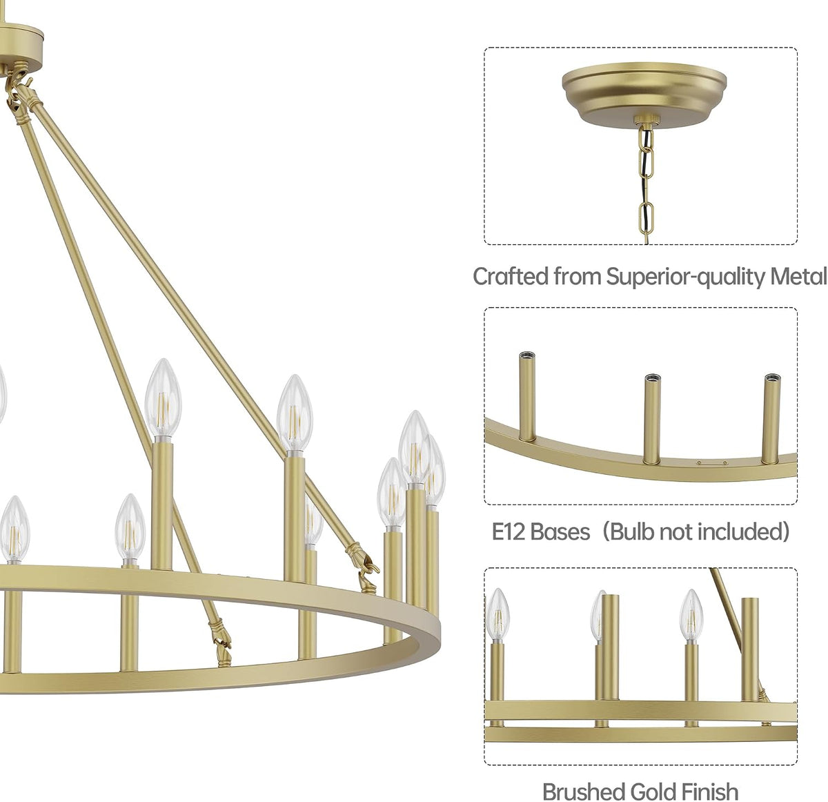 Gold Wagon Wheel Chandelier, 39-Inch Round, 16-Light Farmhouse Ceiling Fixture