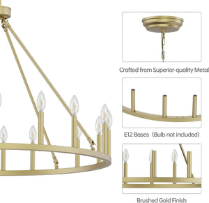 Gold Wagon Wheel Chandelier, 39-Inch Round, 16-Light Farmhouse Ceiling Fixture