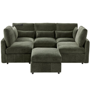 Modern Modular U-Shaped Sofa Bed With Movable Ottoman, USB Ports, Phone Holder