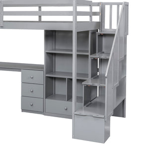 Loft Bed With L Shaped Desk, Drawers, Cabinet, And Storage Staircase