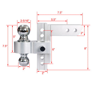 Alu - Adjustable Trailer Drop Hitch With 2" Receiver, 6" Adjustment - Silver