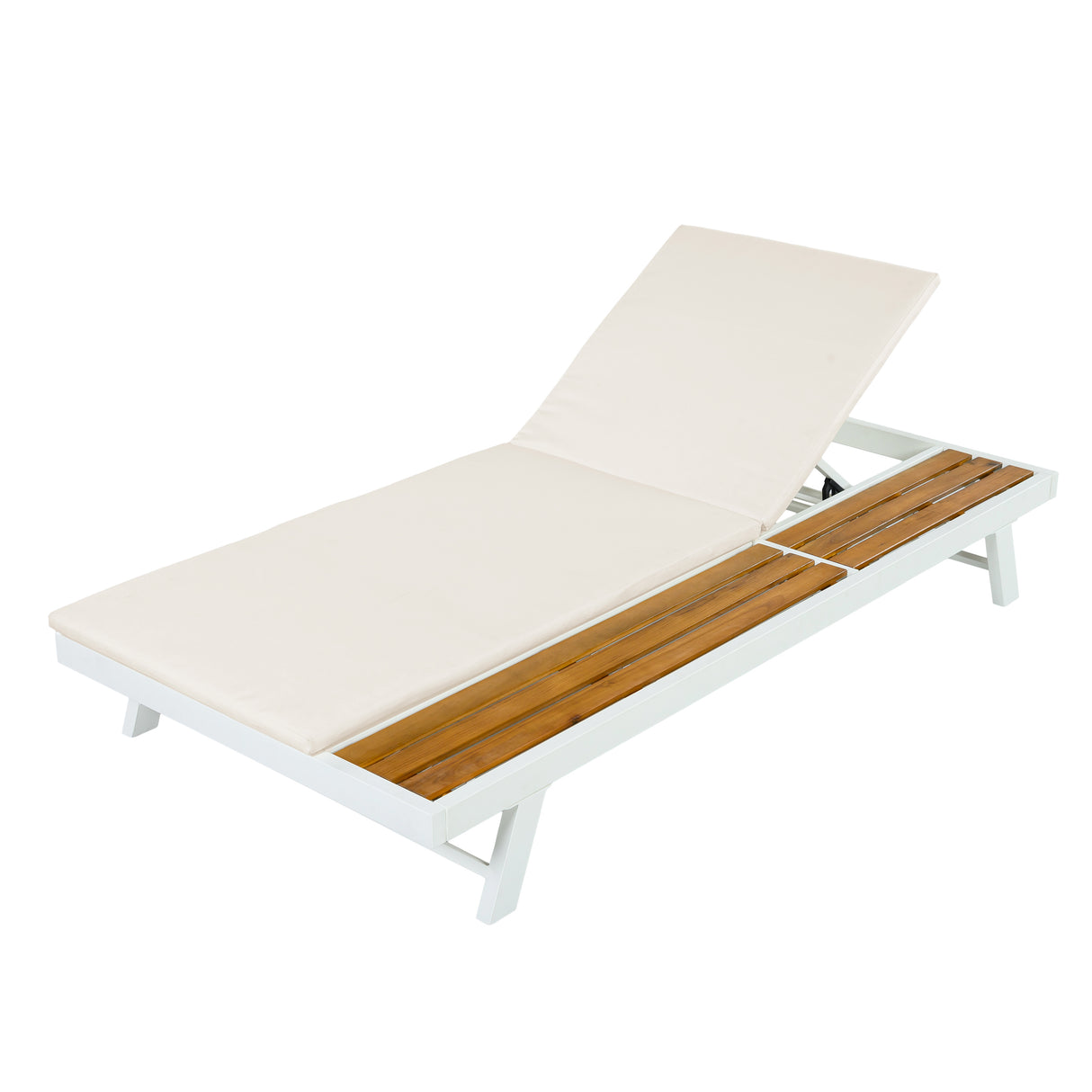 White Iron + Teak Finish Outdoor Chaise Lounge Set