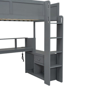Gaming Loft Bed With Desk, Multi Storage Shelves, LED And Charging Station