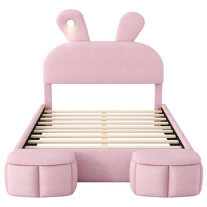 Full Upholstered Platform Bed With Cartoon Ears Headboard And LED Light - Pink