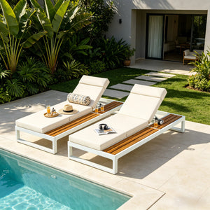 White Iron & Teak Finish Chaise Lounge Set: 1 Frame + 1 4-Fold
