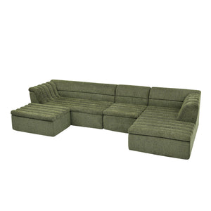 U-Shaped Modular Sectional Sofa With Chaise And Movable Ottoman With Wave-Shaped Armrest