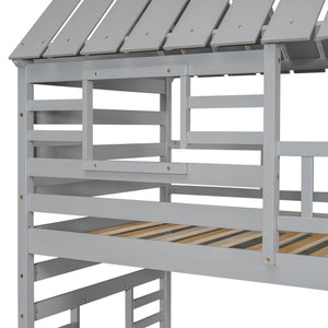 House Bunk Bed With Trundle, Storage Staircase, Roof And Window Design