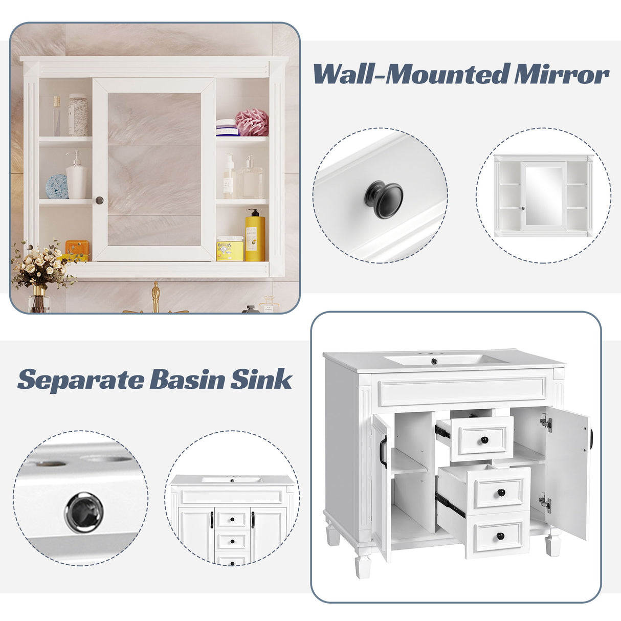 Bathroom Vanity With Top Sink, Mirror Cabinet, 2 Soft Closing Doors & 2 Drawers