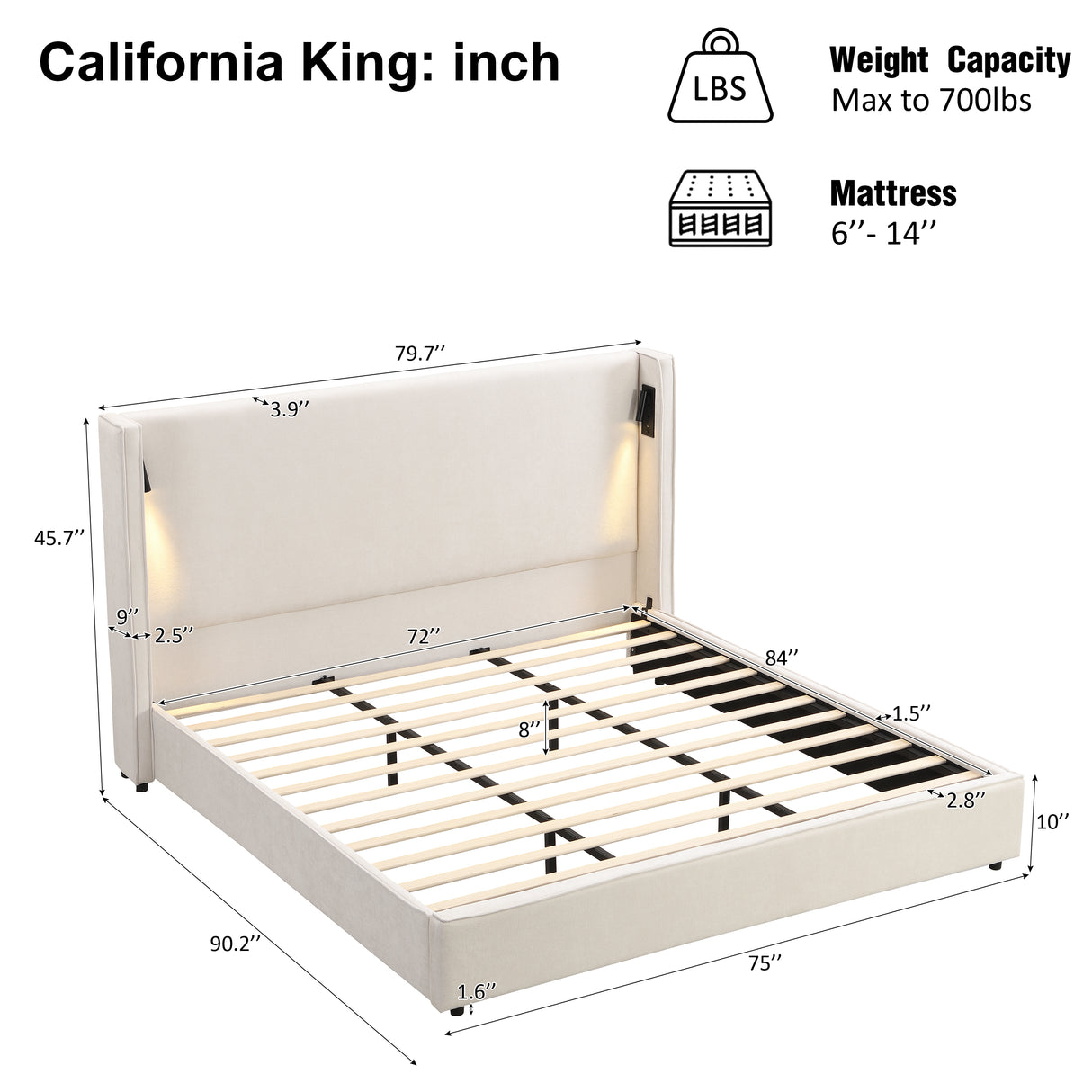 California King Size Upholstered Bed Frame with High Wingback Headboard, Reading Lamp and USB Port