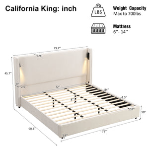 California King Size Upholstered Bed Frame with High Wingback Headboard, Reading Lamp and USB Port