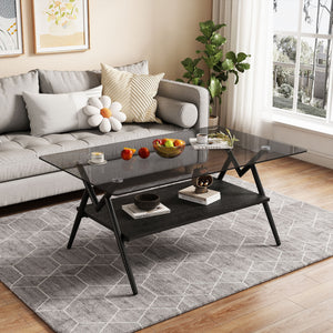 Rectangle Coffee Table With Tempered Glass Top And Shelf, Modern Table For Living Room