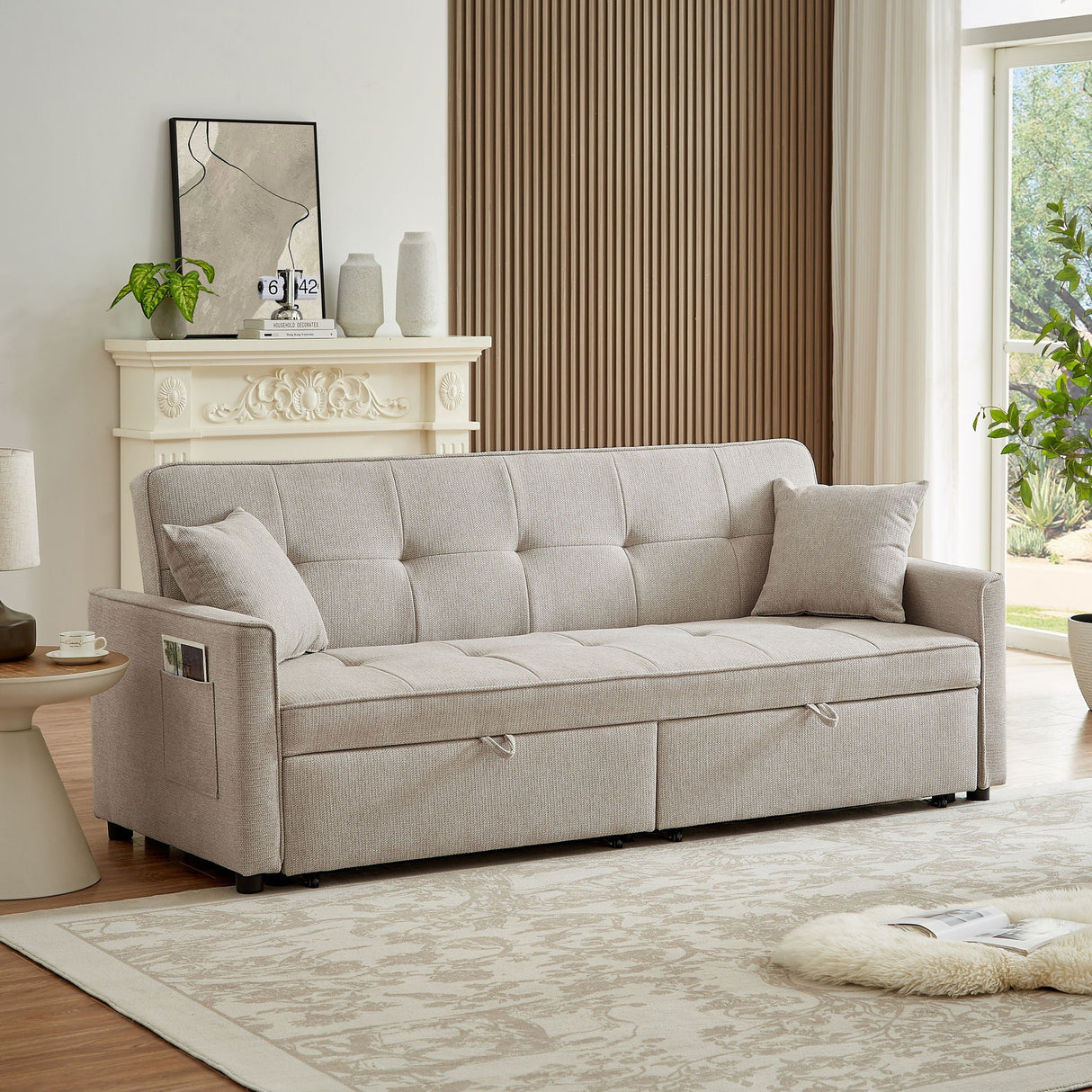 3 In 1 Convertible Sleeper Sofa Bed, Reclining Backrest, Pillows, Pockets