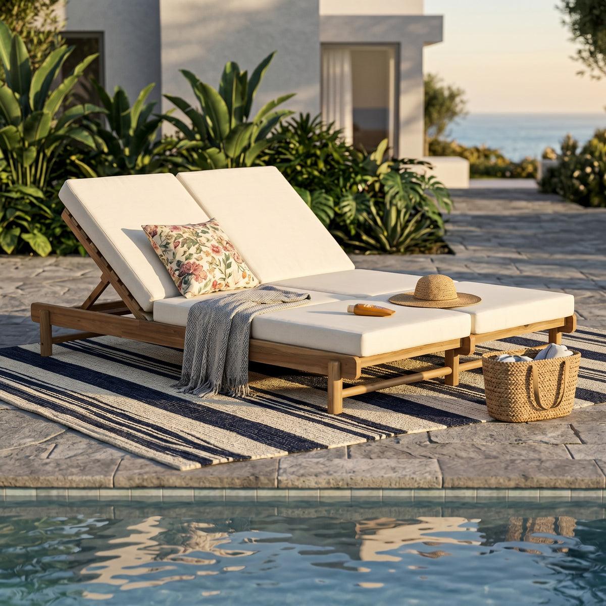 Light Teak Acacia Wood Double Chaise Lounger Set