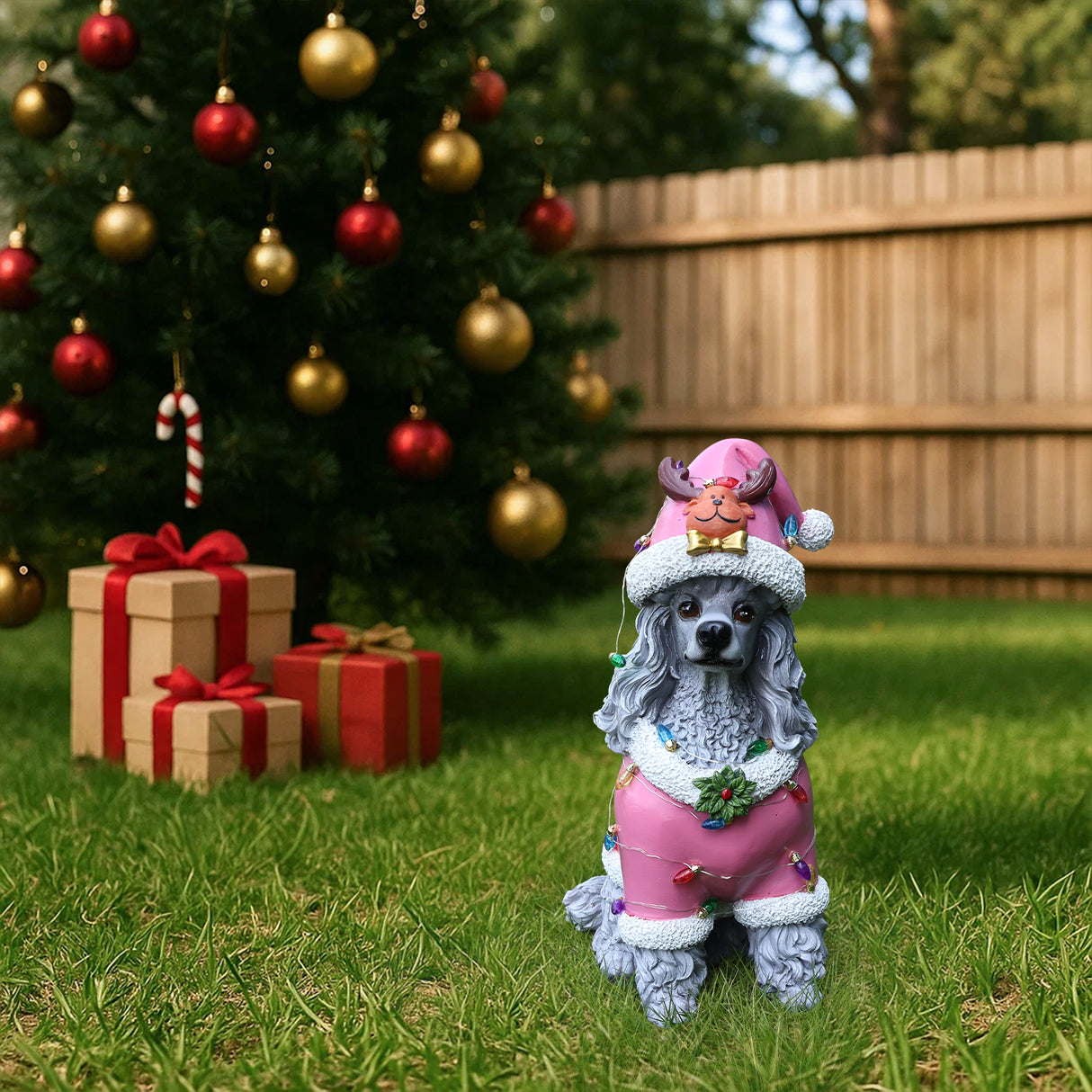 Christmas Poodle Statue, Holiday Dog Figurine