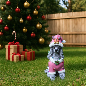 Christmas Poodle Statue, Holiday Dog Figurine