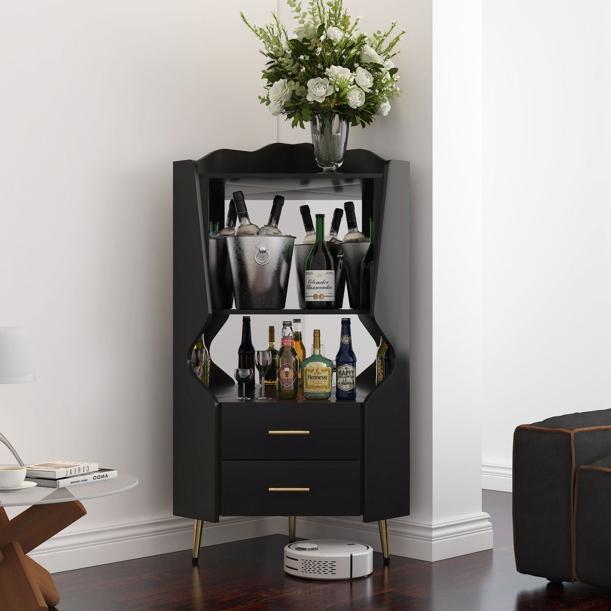 Corner Bar Cabinet With Mirrored Back, 2 Open Shelves & 2 Drawers