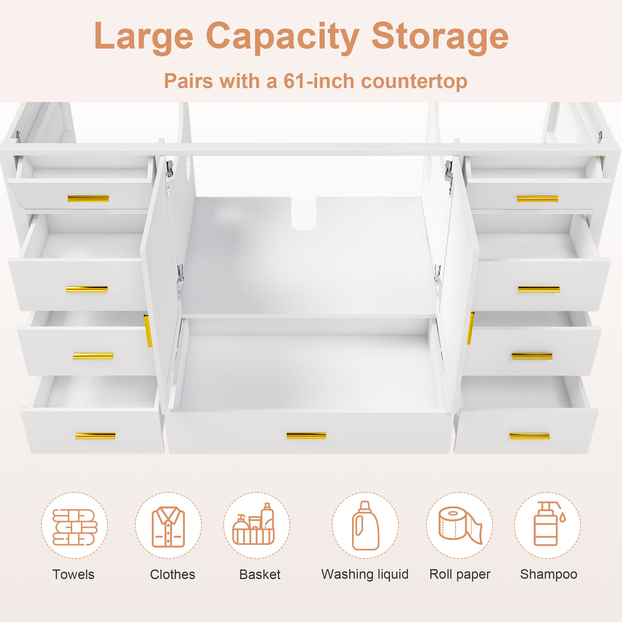 60" Bathroom Vanity Base Cabinet with Storage in White