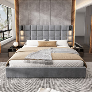 King Size Upholstered Bed Frame with Wall Sconce and USB Port