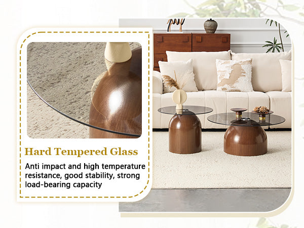 Nesting Coffee Table Set of 2 with Glass Desktop in Walnut