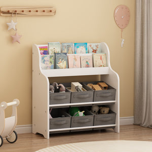 Bookshelf With 6 Storage Bins, Multi Functional Children's Bookcase And Toy Organizer - White