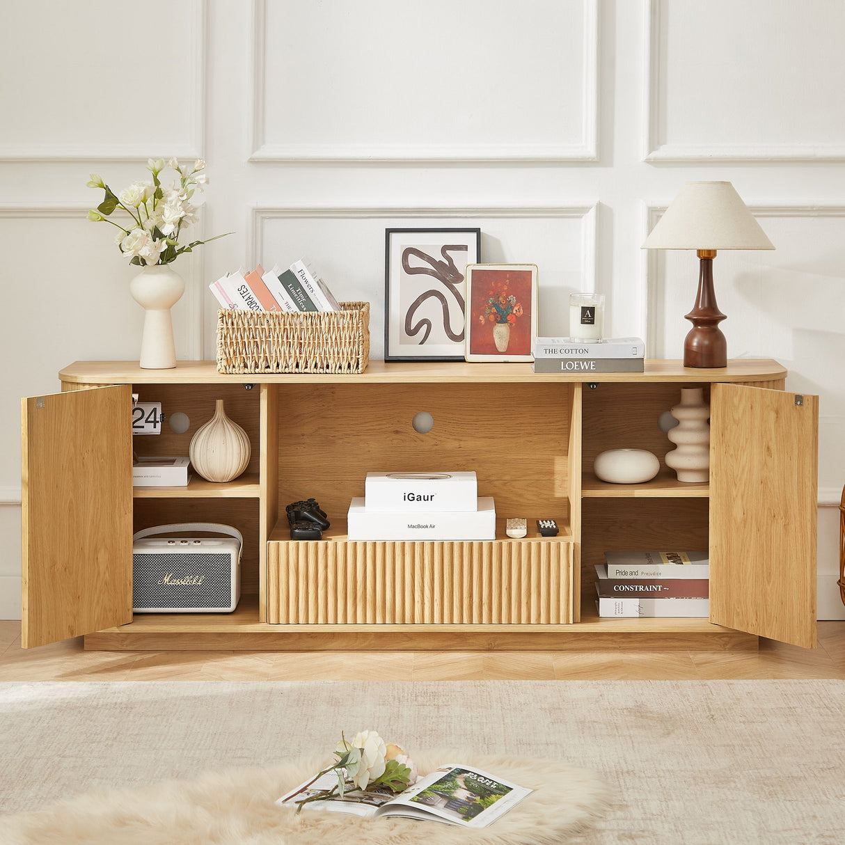 Modern Wavy TV Stand Rounded Sideboard With Storage Cabinet