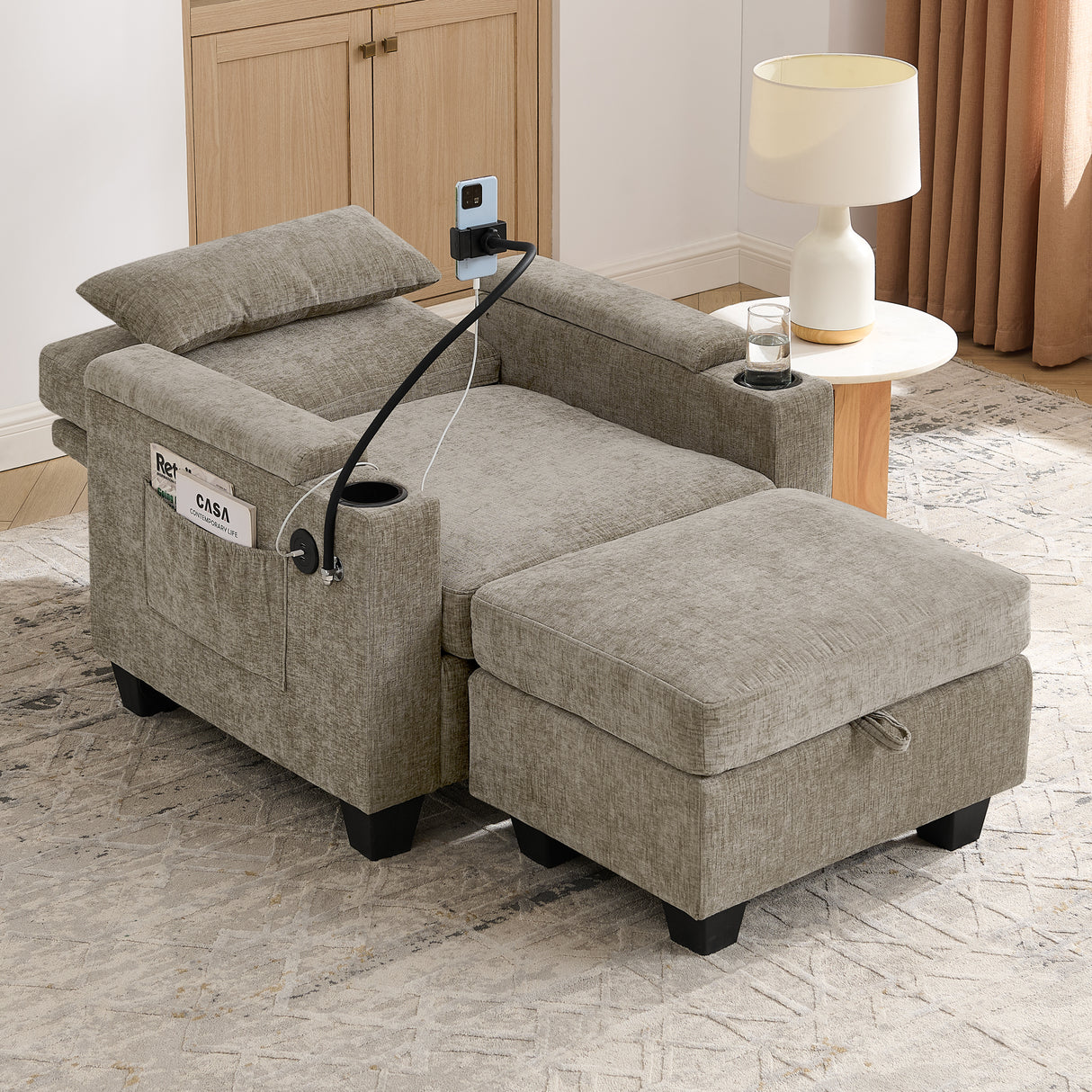 Single Sofa Recliner with Manually Adjustable Backrest - Brown
