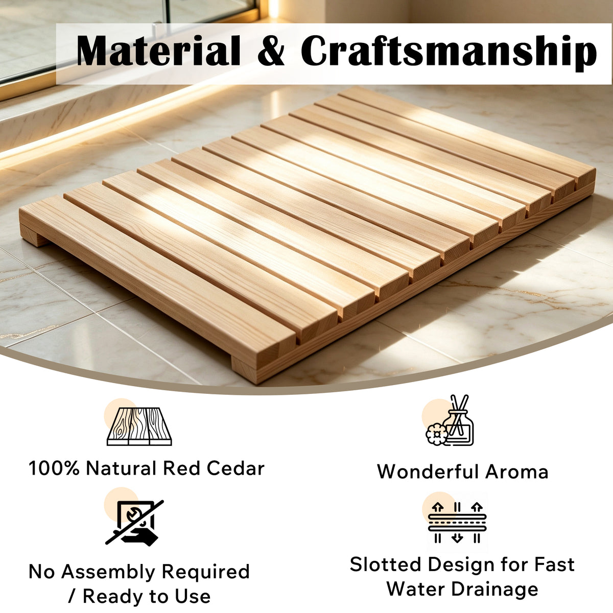 Cedar Wood Shower Mat - Non-Slip Slatted Bath Mat