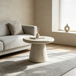 Round Fiberglass Coffee Table, 21.65-Inch, Travertine Print, Low Profile