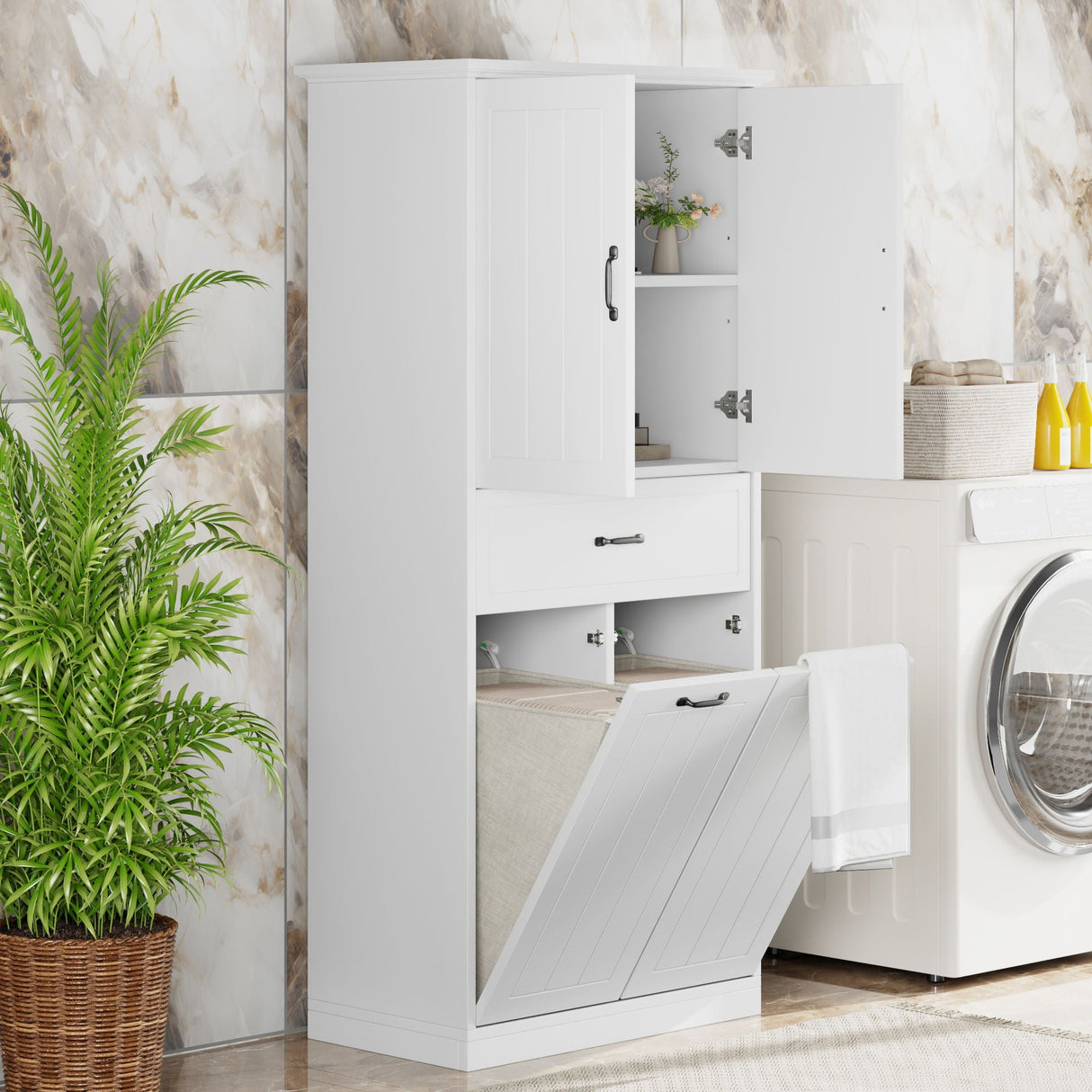 Modern Bathroom Storage Cabinet With Two Laundry Baskets, One Drawer, Adjustable Shelf - Best Buy Furniture
