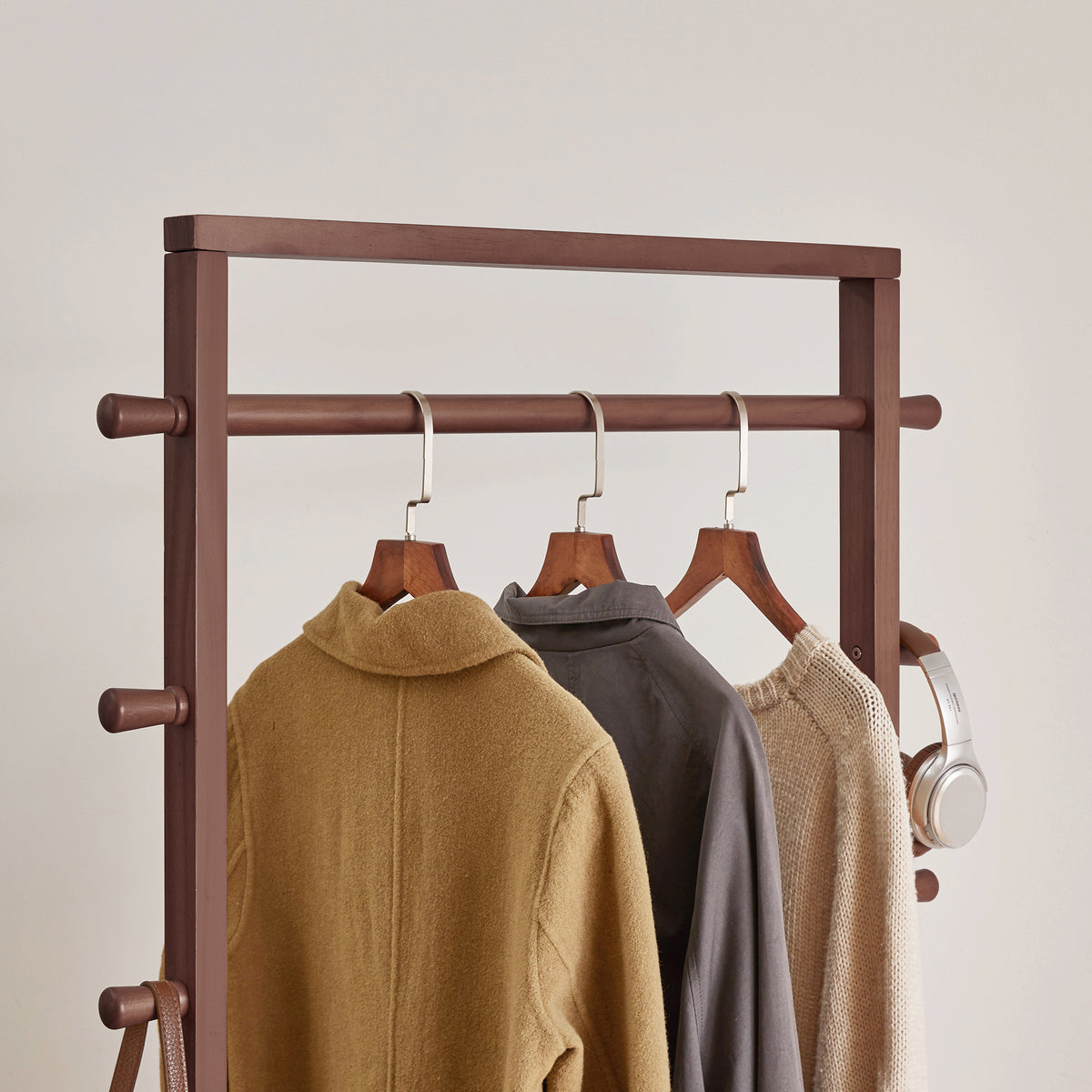 Solid Wood Freestanding Coat Rack with Rolling Wheels & Storage Basket