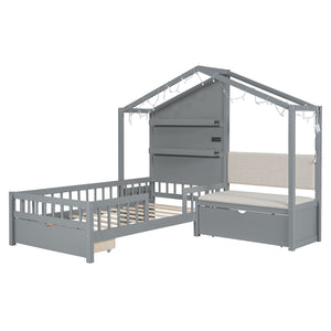 House Bed With Upholstered Sofa, Wireless Charging Station, Shelves And 2 Drawers