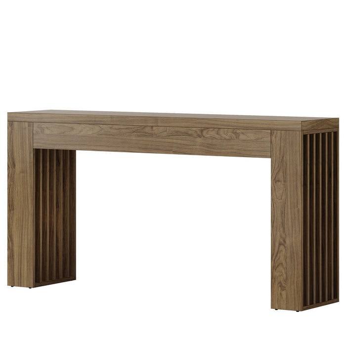 Rustic Brown Console Table with Vertical Slat Legs - Solid Wood & MDF