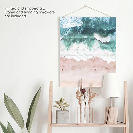 Aerial Coastal Ocean Wall Decor. Pink Beach, Blue Waves